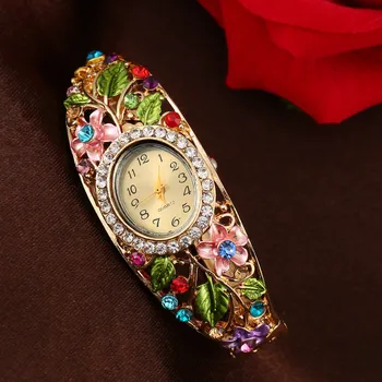 Dámské Hodinky Luxusní Dámské hodinky Oválný Shell Květina Plná Diamond Náramek Hodinky Analogové Quartz Náramkové Hodinky hodiny saati @F