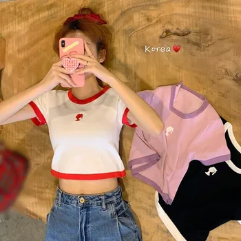 Dámské korejský Styl T-Shirt Kontrastní Barevné Ležérní O Krk Krátký Rukáv Slim Crop Top Ženy Módní Pletené T-Shirt Nové