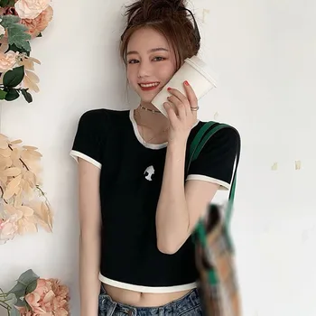 Dámské korejský Styl T-Shirt Kontrastní Barevné Ležérní O Krk Krátký Rukáv Slim Crop Top Ženy Módní Pletené T-Shirt Nové