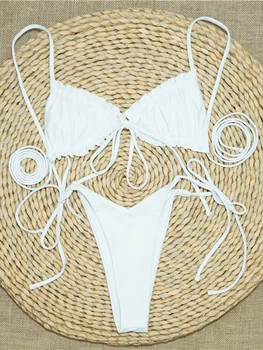 Dámské Letní Split Bikini Set Dospělých Žen Osobní Ruched Výzdobu Plná Barva Krajky Sexy Bikini Plavky pro Ženy