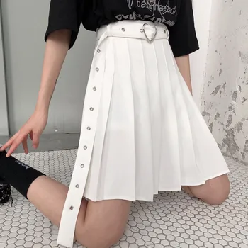 Dámské Punk Mini Sukně Letní Gotické Vysokým Pasem Srdce Spony Pás Skládaný Sukně Harajuku Plus Velikost Roztomilý Školačky Sukně