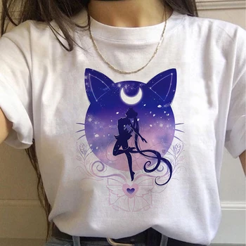 Dámské trička Sailor Moon Tisku 90. let Volné Velké Létě Kolem Krku Krátký Rukáv Treetwear Horní Ženy T-shirt Ženy Oblečení