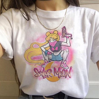 Dámské trička Sailor Moon Tisku 90. let Volné Velké Létě Kolem Krku Krátký Rukáv Treetwear Horní Ženy T-shirt Ženy Oblečení