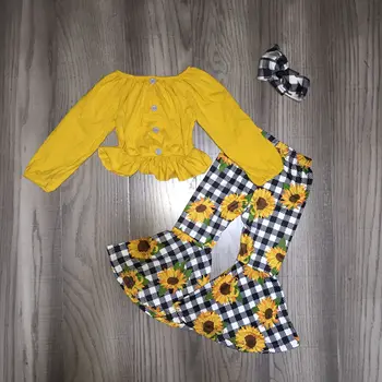 Dítě, Dívka, podzim oblečení, pevné žluté raglans s slunečnicového zvonu kostkované kalhoty dívky podzim/zima sada s lukem