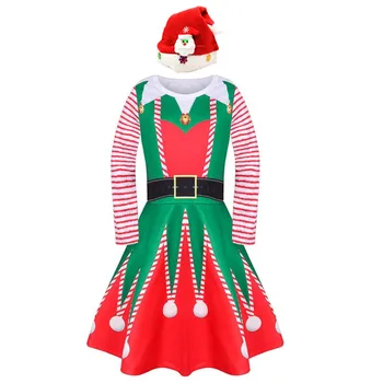 Dívky Vánoční Šaty Santa Claus Proužek Tisk Santa Dress Děti Dlouhý Rukáv Karneval Párty Šaty s Kloboukem Červené Vestido pro Dívky