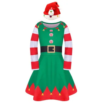 Dívky Vánoční Šaty Santa Claus Proužek Tisk Santa Dress Děti Dlouhý Rukáv Karneval Párty Šaty s Kloboukem Červené Vestido pro Dívky