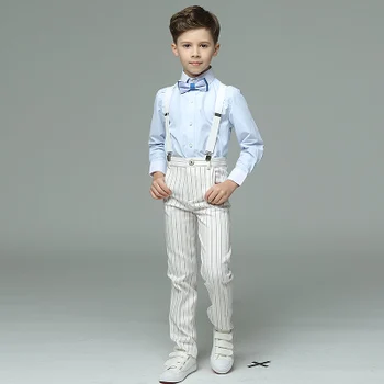 Děti Chlapec Dvojí Breasted Pruhované oblek 4ks(Popruh/Vesta+Kalhoty+Košile+motýlek) pro Svatební/Výkon/Narozeniny Módní Blejzry