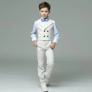 Děti Chlapec Dvojí Breasted Pruhované oblek 4ks(Popruh/Vesta+Kalhoty+Košile+motýlek) pro Svatební/Výkon/Narozeniny Módní Blejzry
