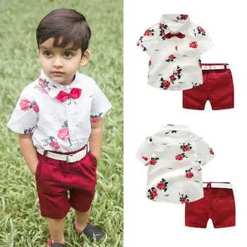Děti Chlapec Gentleman Oblečení, Batole, Dítě Bílá Květina Motýlek Košile Červené Šortky 2 Ks Oblečení Nastavit Letní Nové