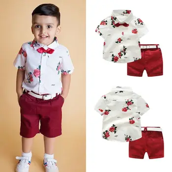 Děti Chlapec Gentleman Oblečení, Batole, Dítě Bílá Květina Motýlek Košile Červené Šortky 2 Ks Oblečení Nastavit Letní Nové