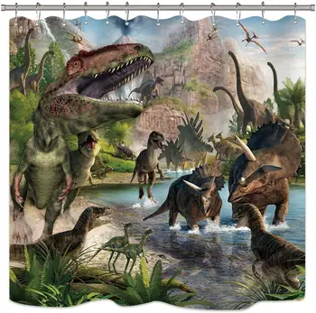 Děti Dinosaurus Sprchový Závěs Chlapci Jurassic Dino Zvíře Džungle, Les, Hory Dekor Tkaniny Panelu Koupelna 72x72 Inch 12 ks