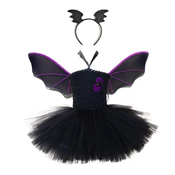 Děti Nadýchané sukně Black bat uniformy Šaty+Čelenka+Křídla Halloween Karneval Purim strana Cosplay kostým pro dívky