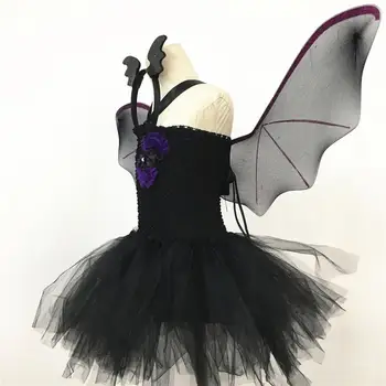 Děti Nadýchané sukně Black bat uniformy Šaty+Čelenka+Křídla Halloween Karneval Purim strana Cosplay kostým pro dívky