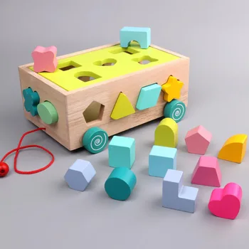 Děti Rané Vzdělávání Dřevěné Geometrický Tvar Sedmnáct Děr Spárované Trailer Stavební Bloky Hračky, Poznávání Barev
