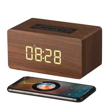 Dřevěné Bezdrátové Hodiny Podsvícení Plochy Domova Bluetooth Reproduktor Fm Rádio, Budíky, Podpora Tf Aux Usb Music Player