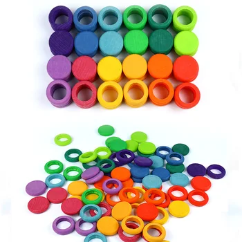 Dřevěné Hračky Buk Duha Mince a Prsteny, Stohovatelné Montessori hračky, Příroda Volné Díly Kreativní Hračky 12 barev