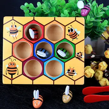 Dřevěný Úl Hry Deskové 7Pcs Včely se Svorkou Zábavné Vybírání Chytání Hračky Vzdělávací Úl Děti, Hračky