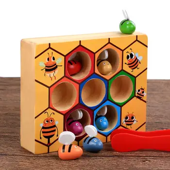 Dřevěný Úl Hry Deskové 7Pcs Včely se Svorkou Zábavné Vybírání Chytání Hračky Vzdělávací Úl Děti, Hračky