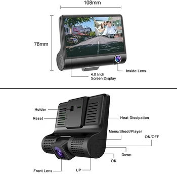 E-ACE Dashcam B28 Auto Dvr 4 Palcový Auto Fotoaparát FHD 1080P Auto Rekordér Dash Cam 3 objektiv Fotoaparátu Registrator s Zadní Pohled Kamery