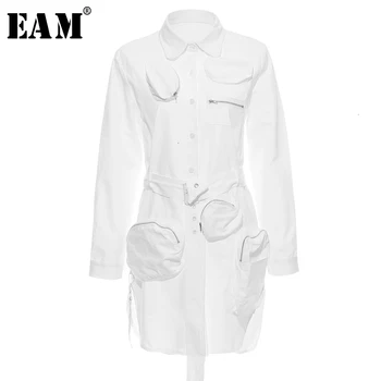 [EAM] Ženy Kapsy Rozdělení Asymetrické Šaty Nové Klopě Dlouhý Rukáv Loose Fit Módní Příliv Jaro Podzim 2021 1D6340