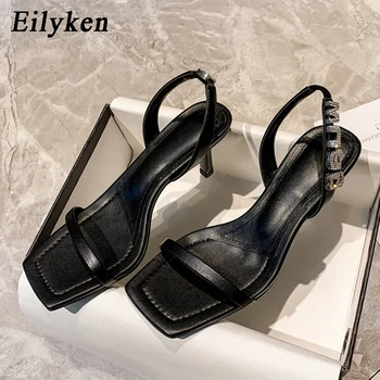 Eilyken 2021 Nový Design Kotník Popruh Crystal Skluzu Na Ženy Módní Boty Open Toe Jehlové Podpatky Gladiator Sandály Velikost 34-40