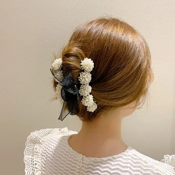 Elegantní Krajka Bowknot Akryl Vlasy Drápy Vlasové Doplňky Módní Vintage Simulované Pearl Korálky Vlasy Klip pro Ženy