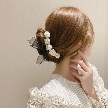 Elegantní Krajka Bowknot Akryl Vlasy Drápy Vlasové Doplňky Módní Vintage Simulované Pearl Korálky Vlasy Klip pro Ženy