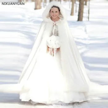 Elegantní Levné 2021 Teplé Svatební Cape Slonová Kost Bílý Zimní Kožich Ženy Svatební Bolero Bunda Svatební Pláště Svatební Kabát