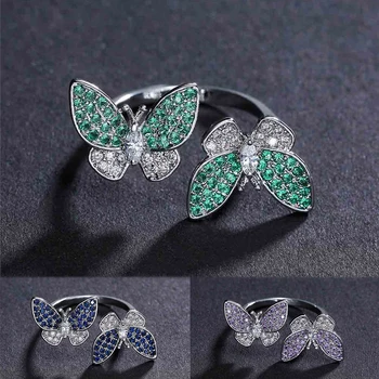 Elegantní Žena Fialová Modrá Zelená Stone Prsten Kouzlo Stříbrná Barva Snubní Prsteny Pro Ženy, Roztomilé Butterfly Otevřít Zásnubní Prsten