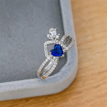 Elegantní Ženské Modré Zirkony Kámen Prsten Vintage 925 Sterling Silver Snubní Prsten Roztomilý Srdce Duté Svatební Prsteny Pro Ženy