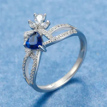 Elegantní Ženské Modré Zirkony Kámen Prsten Vintage 925 Sterling Silver Snubní Prsten Roztomilý Srdce Duté Svatební Prsteny Pro Ženy