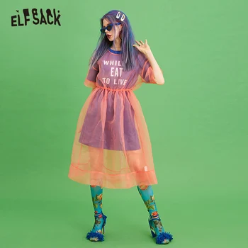 ELFSACK Mesh Patchwork Dopis Tisk Ženy T-shirt Šaty Módní Streetwear Ženské Šaty 2019 Léto A-line Ženy Beach Šaty