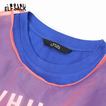 ELFSACK Mesh Patchwork Dopis Tisk Ženy T-shirt Šaty Módní Streetwear Ženské Šaty 2019 Léto A-line Ženy Beach Šaty