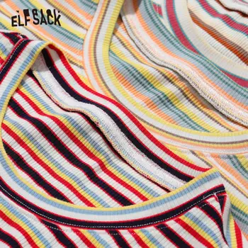 ELFSACK Multicolor Pruhované Ležérní Slim Pletené T-Shirt Ženy Crop Top 2020 Letní ELF Krátký Rukáv Korean Dívčí Denní Základní Tee