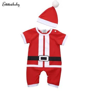 Emmababy Vánoce 0-24M Novorozence Dívky A Chlapce Teplé Oblečení Set Dlouhý Rukáv Santa Kostým Oblečení dětské Kombinézy+Červená Čepice Teplé Vánoce