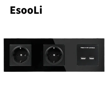 EsooLi Zlata Zeď Křišťálové Sklo Panel Dvojitá Zásuvka 16A EU Elektrická Zásuvka Dual USB Inteligentní Nabíjecí Port 5V 2A Výstup