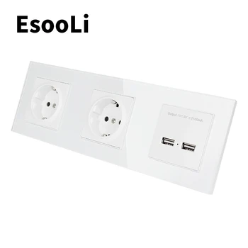 EsooLi Zlata Zeď Křišťálové Sklo Panel Dvojitá Zásuvka 16A EU Elektrická Zásuvka Dual USB Inteligentní Nabíjecí Port 5V 2A Výstup