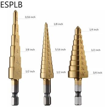 ESPLB 3ks rychlořezné Oceli HSS Titanu, Krok Drill Bit Set Quick-change 1/4