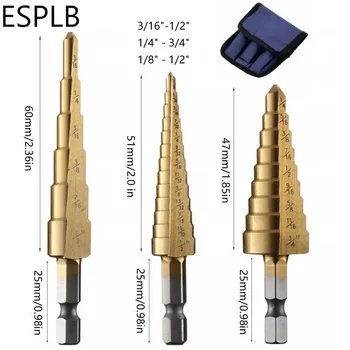 ESPLB 3ks rychlořezné Oceli HSS Titanu, Krok Drill Bit Set Quick-change 1/4