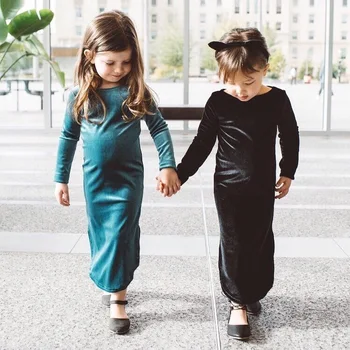 Evropa a Spojené Státy dívky šaty 2020 s dlouhým rukávem šaty pro dívky rozdělených do zlaté vícebarevného sametové holky oblečení