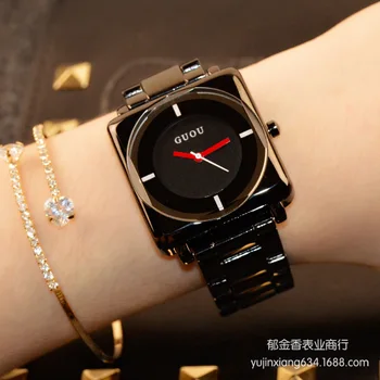 Fahon GUOU Značka Náramkové hodinky Quartz hodinky Vysoce kvalitní Ženy Hodinky Rose Gold Black Nerezové Oceli Joker Náměstí Jednoduchý Luxus