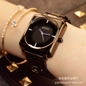 Fahon GUOU Značka Náramkové hodinky Quartz hodinky Vysoce kvalitní Ženy Hodinky Rose Gold Black Nerezové Oceli Joker Náměstí Jednoduchý Luxus
