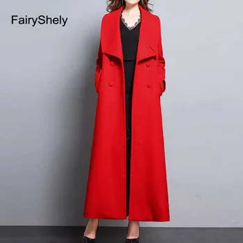 FairyShely Vintage Červené Vlněné Kabát 2020 Ženy Podzim Zimní Nové Plus Velikost Ženy Dlouhý Úsek Kabát Office Lady Elegantní 2XL