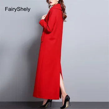 FairyShely Vintage Červené Vlněné Kabát 2020 Ženy Podzim Zimní Nové Plus Velikost Ženy Dlouhý Úsek Kabát Office Lady Elegantní 2XL