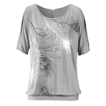 Feather Top Tisk Cold Shoulder Tričko Vetement Femme 2021 Nadrozměrných Harajuku Xxl Plážové Tričko Kawaii T Shirt Ženy Krátký Rukáv