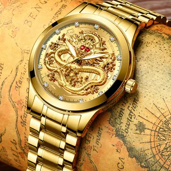 Fenzun reliéfní zlatý drak hodinky pánské vodotěsné non-mechanické hodinky pánské diamond ruby dragon tvář módní hodinky