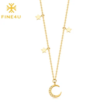 FINE4U N533 z Nerezové Oceli Malý Měsíc a Hvězda Přívěšek Náhrdelník Jednoduchý Styl, Ručně vyráběné Počáteční náhrdelník Náhrdelník Pro Ženy