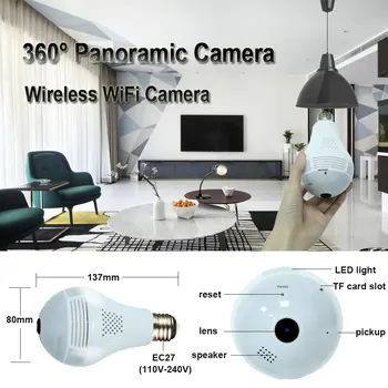 Fisheye Žárovka Lampa IP Kamery 360 ° LED Světlo Bezdrátové Domácí Bezpečnostní Zabezpečení WiFi CCTV Dva Způsoby, Audio Fotoaparát