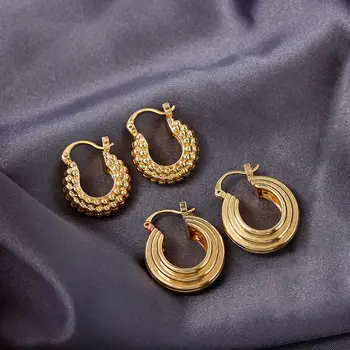 Flatfoosie Nové Mosazné Závity Texturou Zlaté Hoop Náušnice pro Ženy Vyřezávané Kosočtverce Řadě Korálky Geometrické Náušnice Módní Šperky