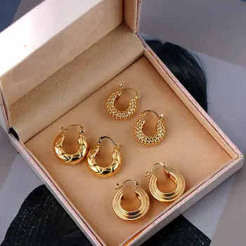 Flatfoosie Nové Mosazné Závity Texturou Zlaté Hoop Náušnice pro Ženy Vyřezávané Kosočtverce Řadě Korálky Geometrické Náušnice Módní Šperky